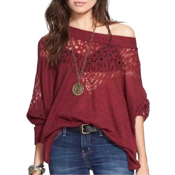 Free People Sweaters - Free People Pointelle Ballet Neck Pullover Garnet